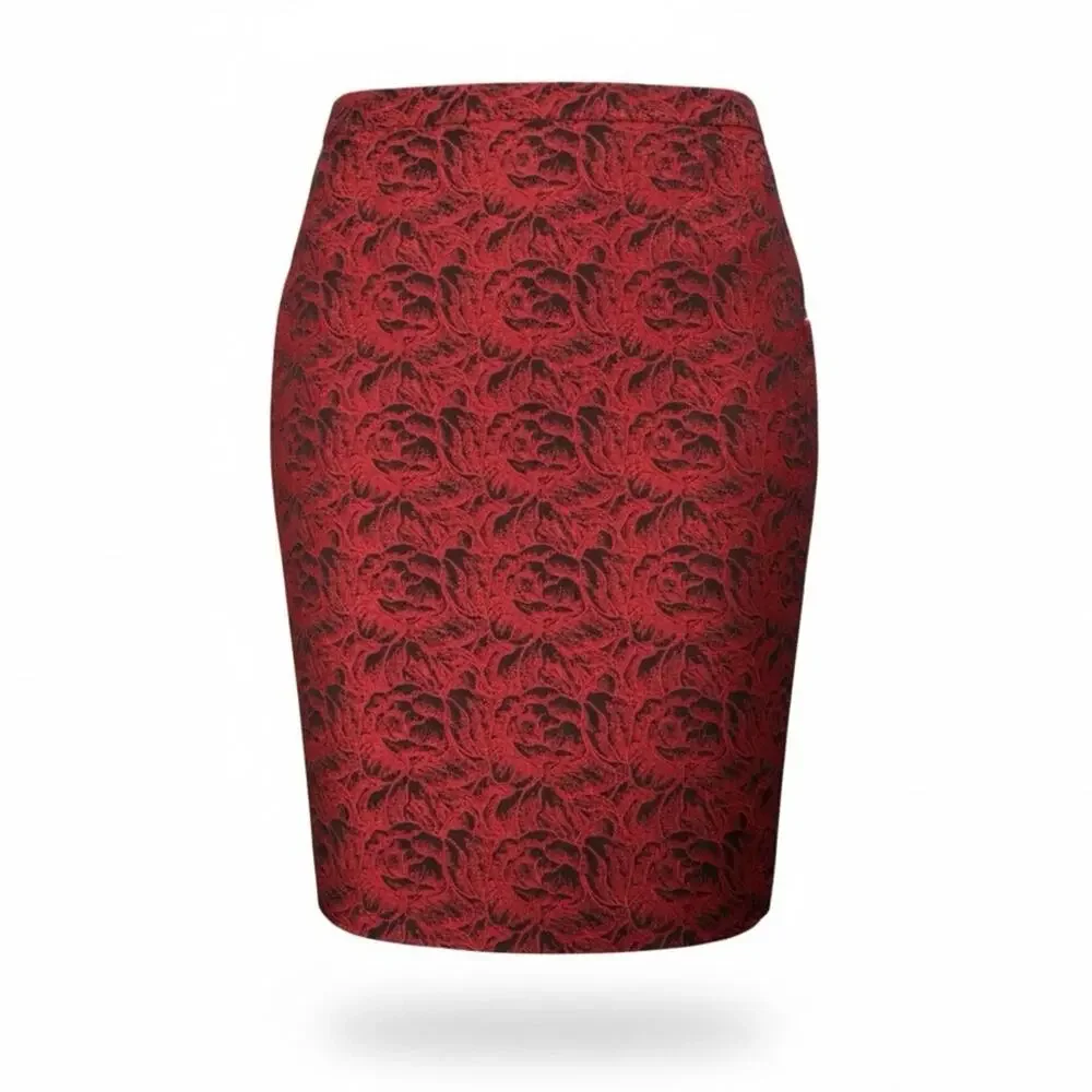 Calvin Klein Jacquard Roses Pencil Skirt 6 Black Red Dark Floral Vamp Party - Picture 2 of 12